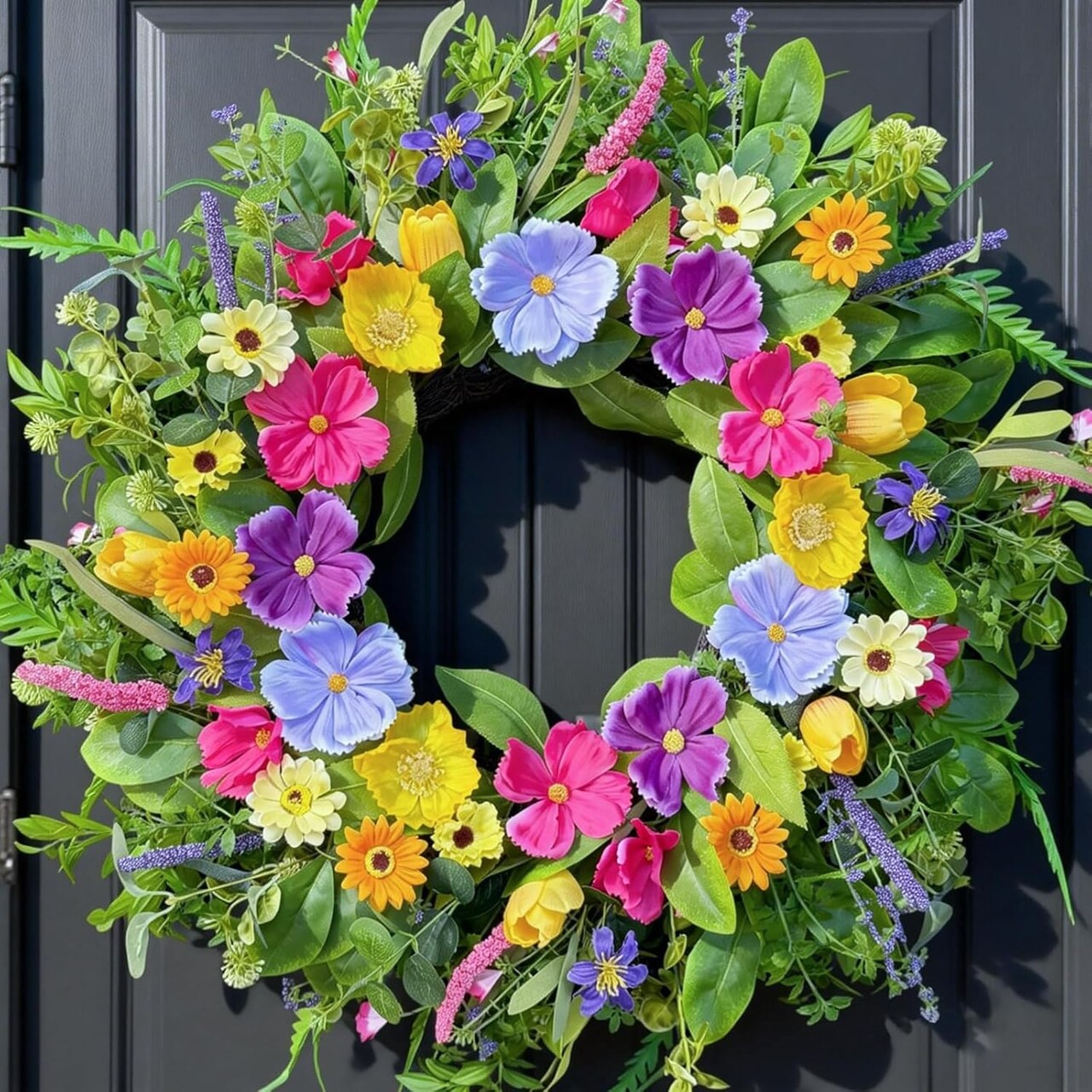 24-Inch Spring Wreath for Front Door – Yellow & Pink Wildflower and Eucalyptus Wreath for Indoor & Outdoor Porch, Wall, Mantel, Farmhouse Spring & Summer Décor
